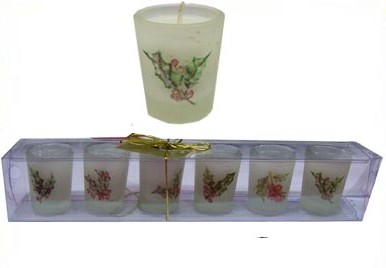 Set of 6 Small Wax Filled Holly Decorated Glasses