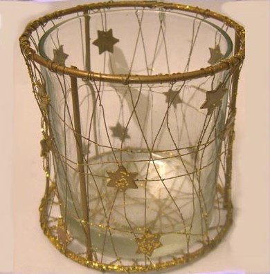 Glass Jar Candleholder Decorated with Filigree Metal & Stars