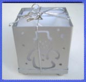 Wax Filled Metal Square Silver Snowman Filligree Candle