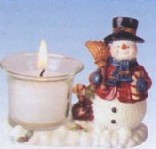 Snowman Candleholder with Broom and Wax Filled Glass