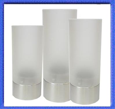 Set of Three Frosted Glass T Light Holders with Stainless Steel Base